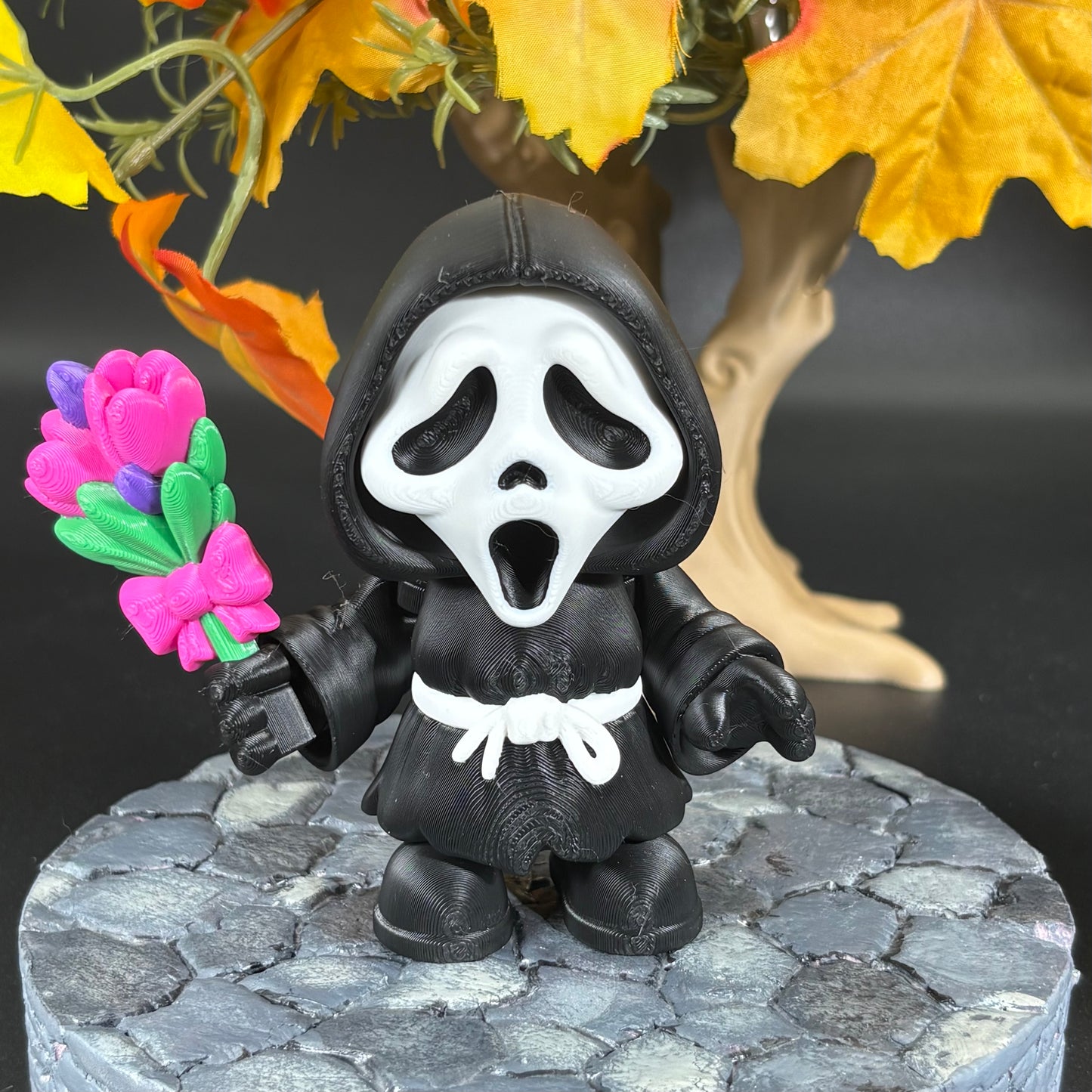 Masked Ghost Figure with Tulip Bouquet | Horror-Inspired Collectible | Halloween Decoration | Holiday Decor