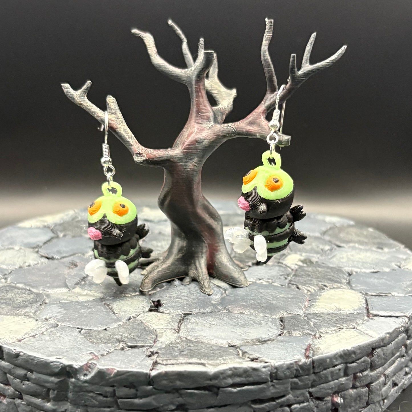 Glow-in-the-Dark ZomBee Earrings | Articulated Sterling Silver Lightweight Jewelry | 3D Printed Bee Gift