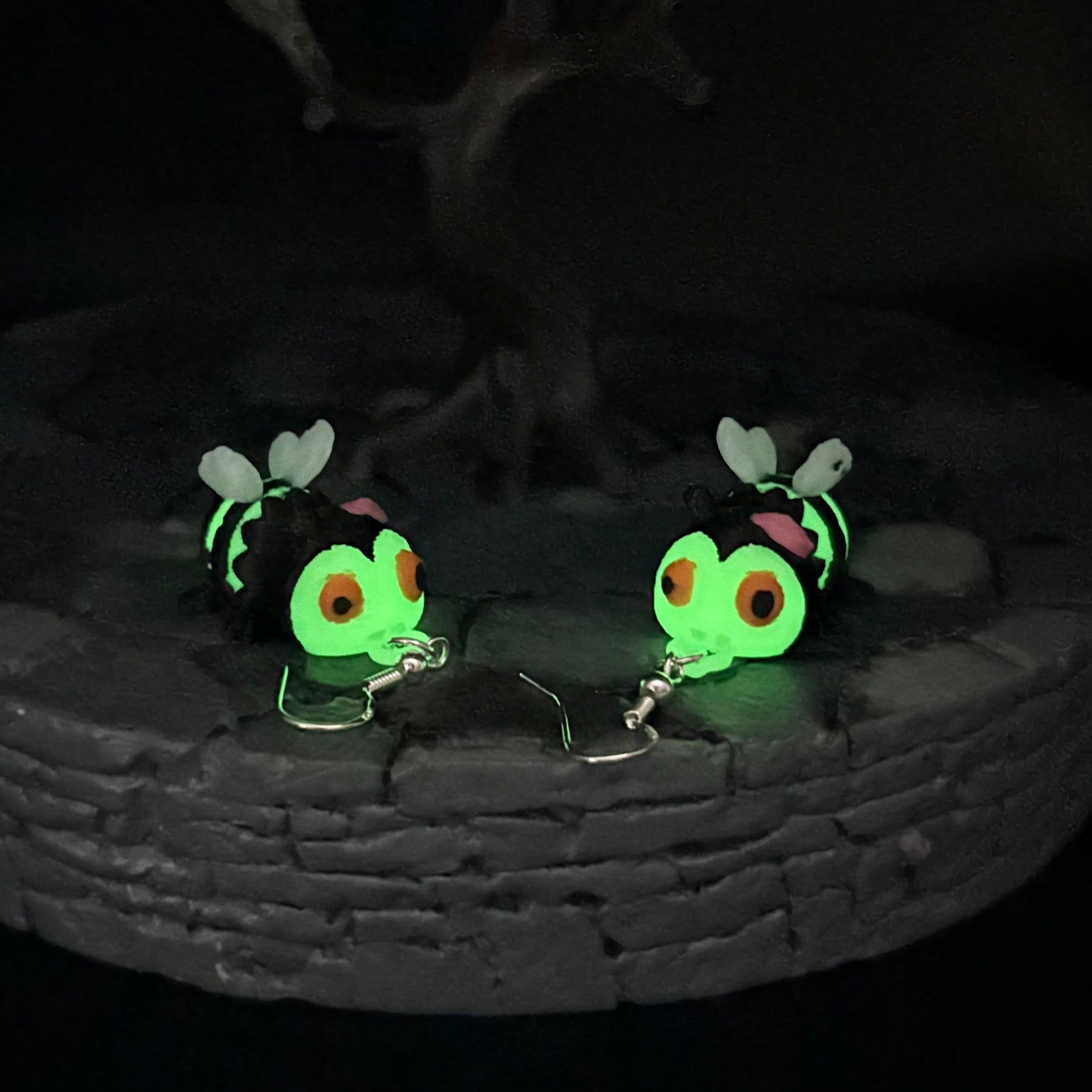 Glow-in-the-Dark ZomBee Earrings | Articulated Sterling Silver Lightweight Jewelry | 3D Printed Bee Gift