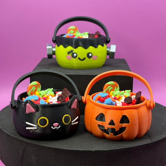 Trick-or-Treat Candy Halloween Bucket Clickers | Jack-o'-Lantern, Black Cat & Frankenstein