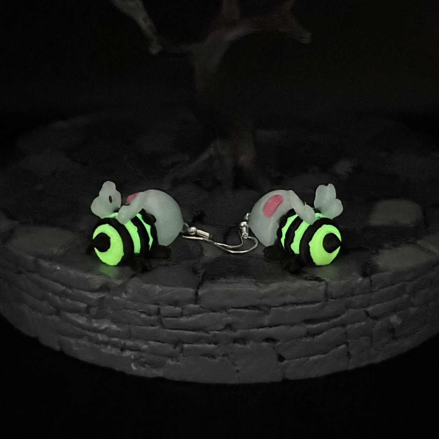 Glow-in-the-Dark ZomBee Earrings | Articulated Sterling Silver Lightweight Jewelry | 3D Printed Bee Gift