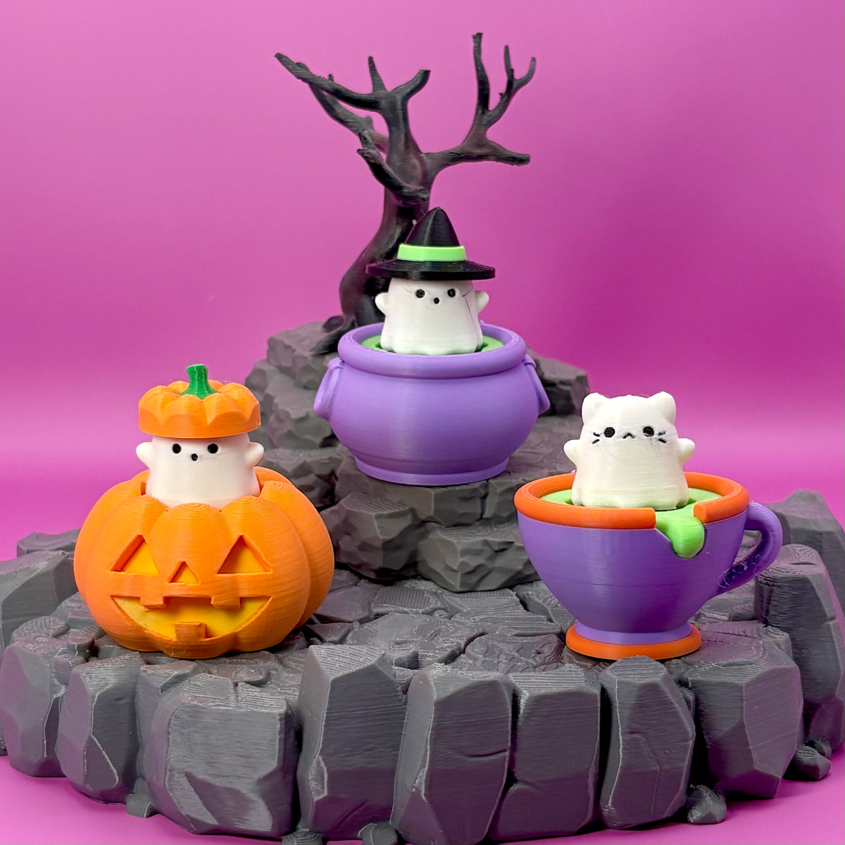 Ghostie Halloween Clicker Keychains | Cat Ghost Cup, Ghost Cauldron & Ghost Jack-O-Lantern
