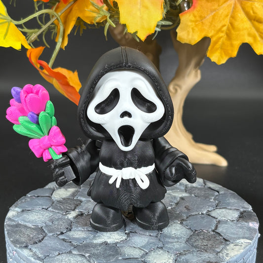 Masked Ghost Figure with Tulip Bouquet | Horror-Inspired Collectible | Halloween Decoration | Holiday Decor