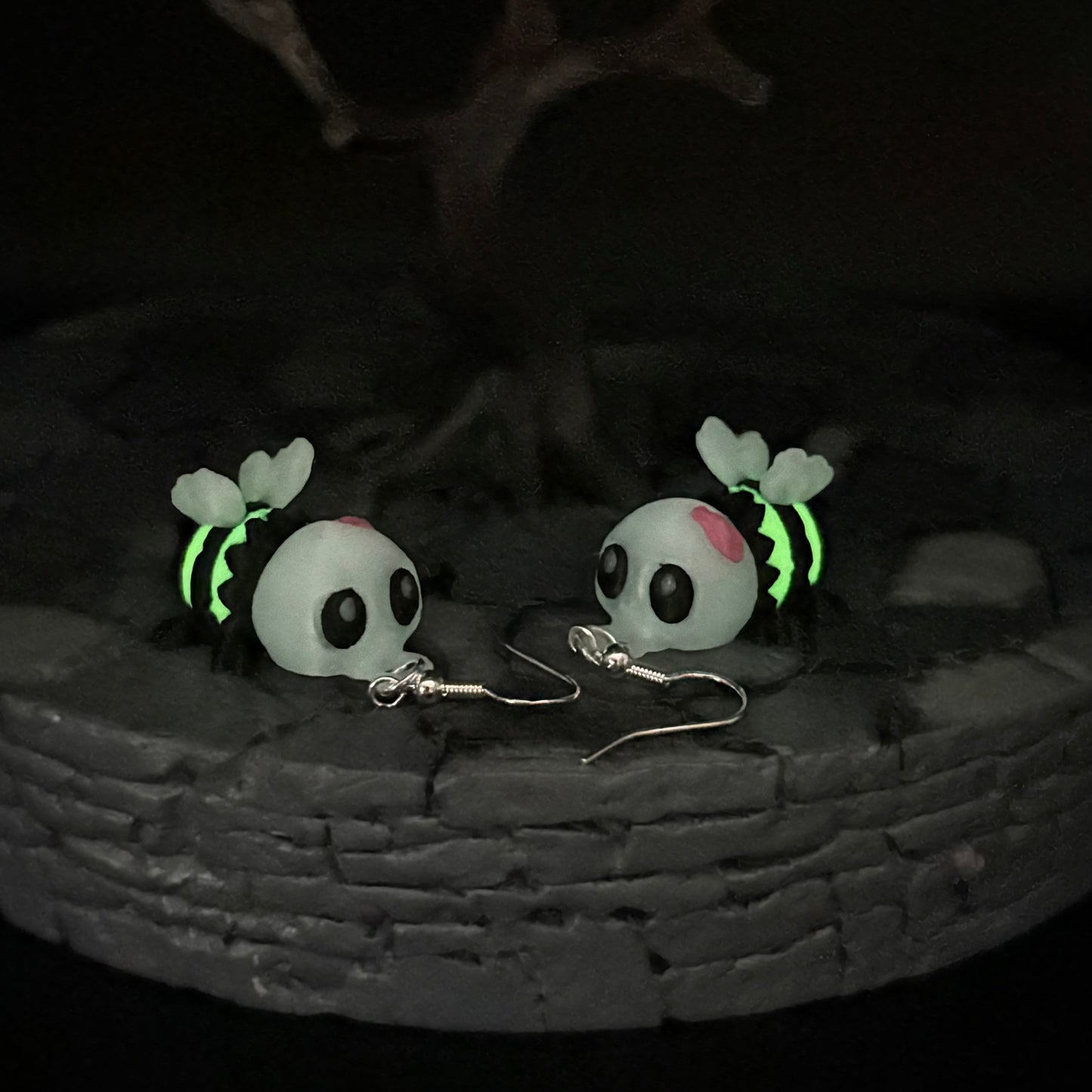 Glow-in-the-Dark ZomBee Earrings | Articulated Sterling Silver Lightweight Jewelry | 3D Printed Bee Gift