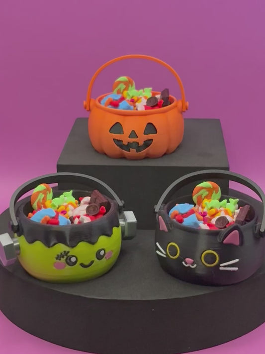 Trick-or-Treat Candy Halloween Bucket Clickers | Jack-o'-Lantern, Black Cat & Frankenstein